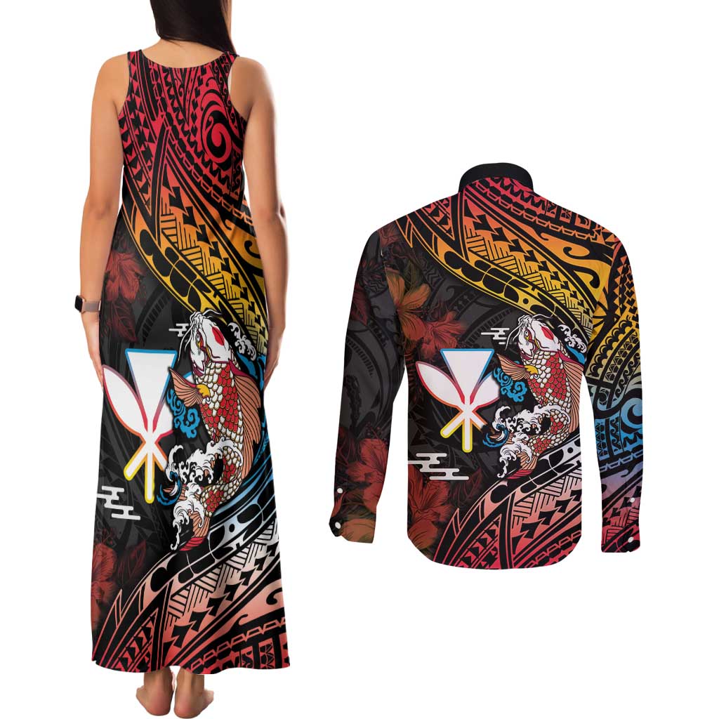 Hawaii And Japan Couples Matching Tank Maxi Dress and Long Sleeve Button Shirt Koi Fish With Kanaka Maoli LT05 - Polynesian Pride