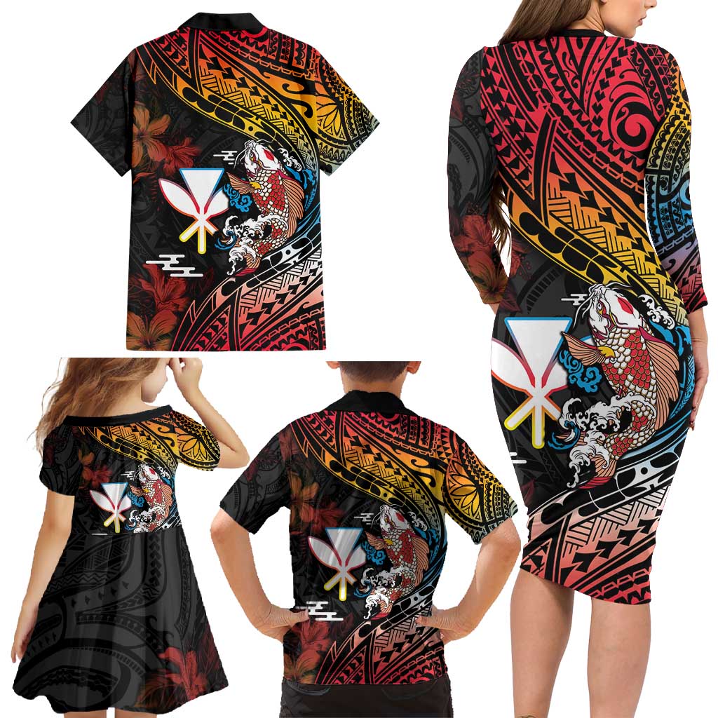 Hawaii And Japan Family Matching Long Sleeve Bodycon Dress and Hawaiian Shirt Koi Fish With Kanaka Maoli LT05 - Polynesian Pride