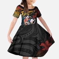 Hawaii And Japan Family Matching Off The Shoulder Long Sleeve Dress and Hawaiian Shirt Koi Fish With Kanaka Maoli LT05 Daughter's Dress Black - Polynesian Pride