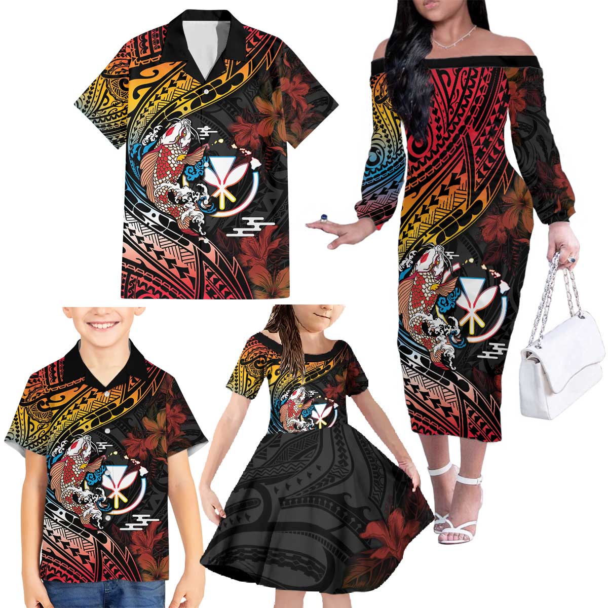 Hawaii And Japan Family Matching Off The Shoulder Long Sleeve Dress and Hawaiian Shirt Koi Fish With Kanaka Maoli LT05 - Polynesian Pride