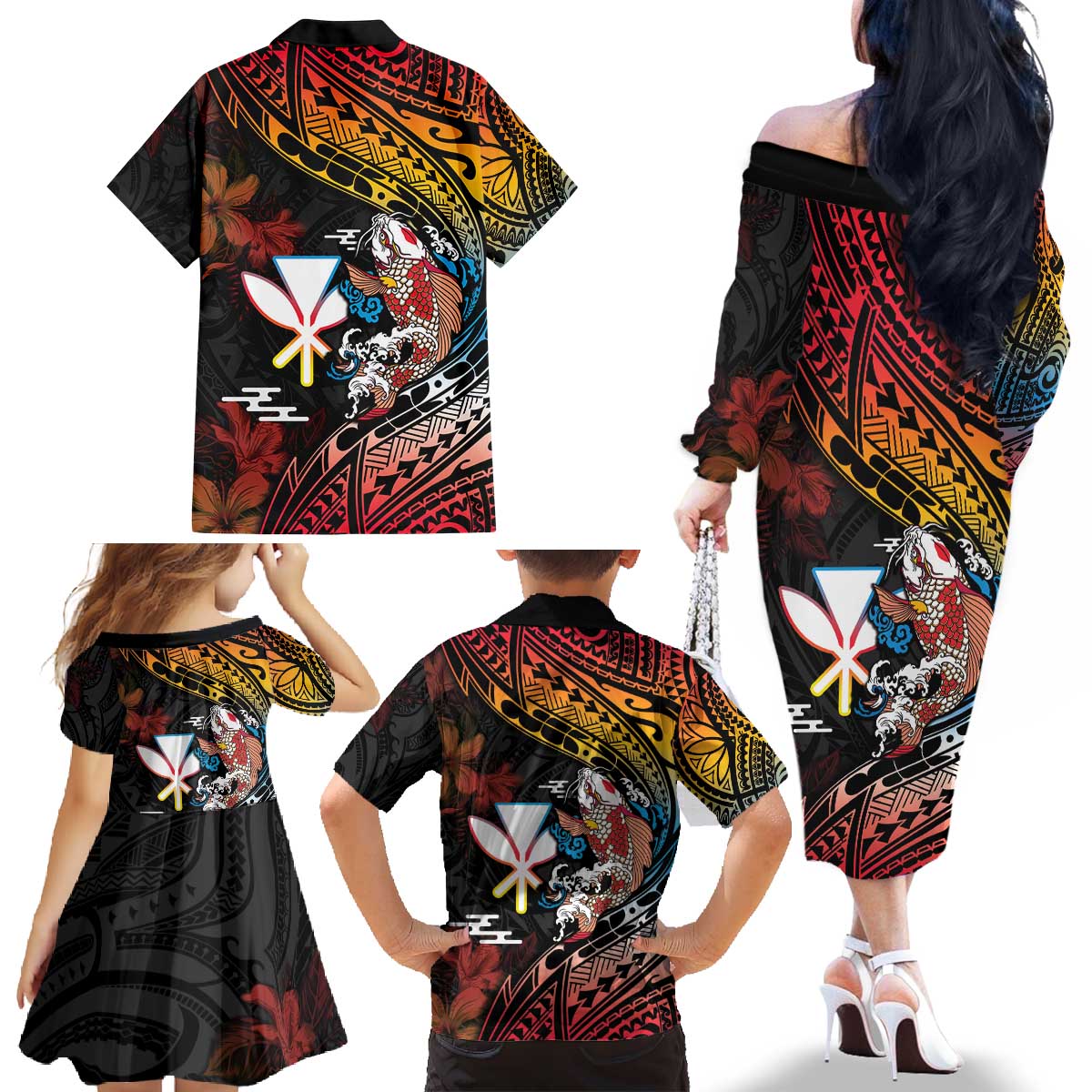 Hawaii And Japan Family Matching Off The Shoulder Long Sleeve Dress and Hawaiian Shirt Koi Fish With Kanaka Maoli LT05 - Polynesian Pride