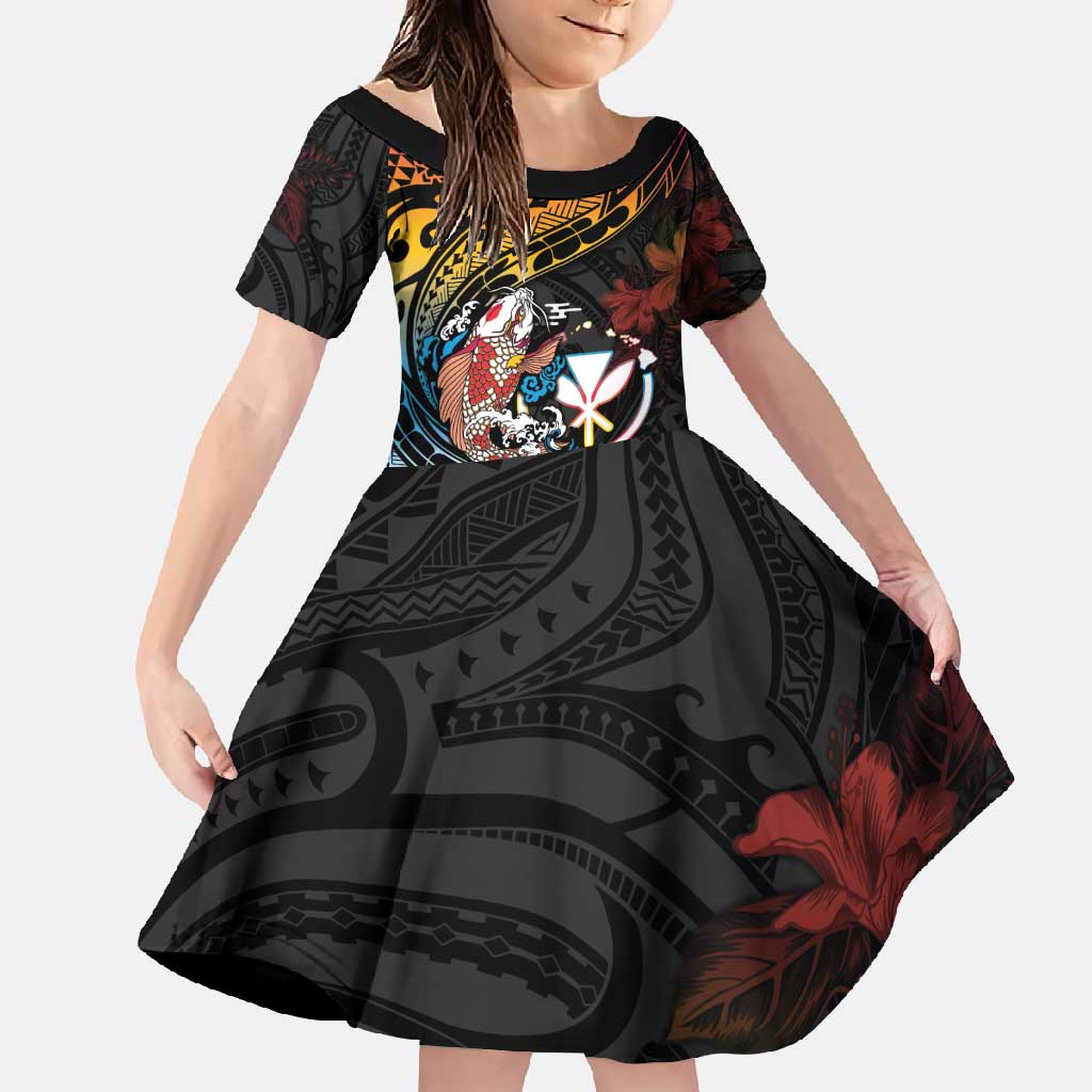 Hawaii And Japan Family Matching Off Shoulder Maxi Dress and Hawaiian Shirt Koi Fish With Kanaka Maoli LT05 Daughter's Dress Black - Polynesian Pride