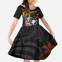 Hawaii And Japan Family Matching Off Shoulder Maxi Dress and Hawaiian Shirt Koi Fish With Kanaka Maoli LT05 Daughter's Dress Black - Polynesian Pride