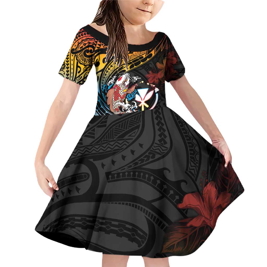 Hawaii And Japan Family Matching Off Shoulder Short Dress and Hawaiian Shirt Koi Fish With Kanaka Maoli LT05 Daughter's Dress Black - Polynesian Pride
