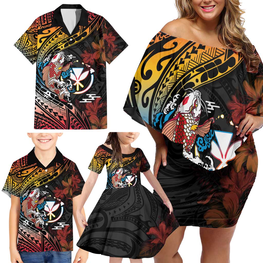 Hawaii And Japan Family Matching Off Shoulder Short Dress and Hawaiian Shirt Koi Fish With Kanaka Maoli LT05 - Polynesian Pride