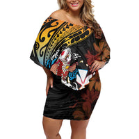 Hawaii And Japan Family Matching Off Shoulder Short Dress and Hawaiian Shirt Koi Fish With Kanaka Maoli LT05 Mom's Dress Black - Polynesian Pride