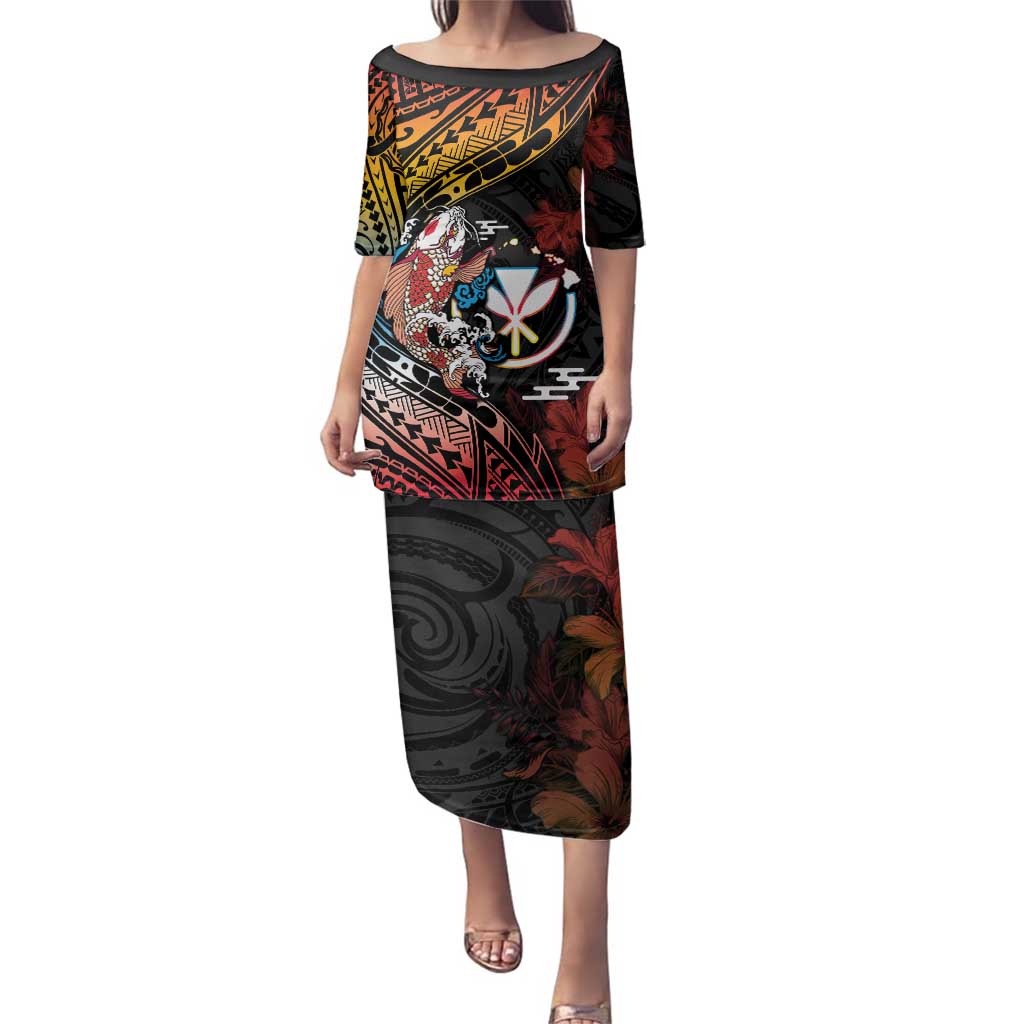 Hawaii And Japan Family Matching Puletasi and Hawaiian Shirt Koi Fish With Kanaka Maoli LT05 Mom's Dress Black - Polynesian Pride
