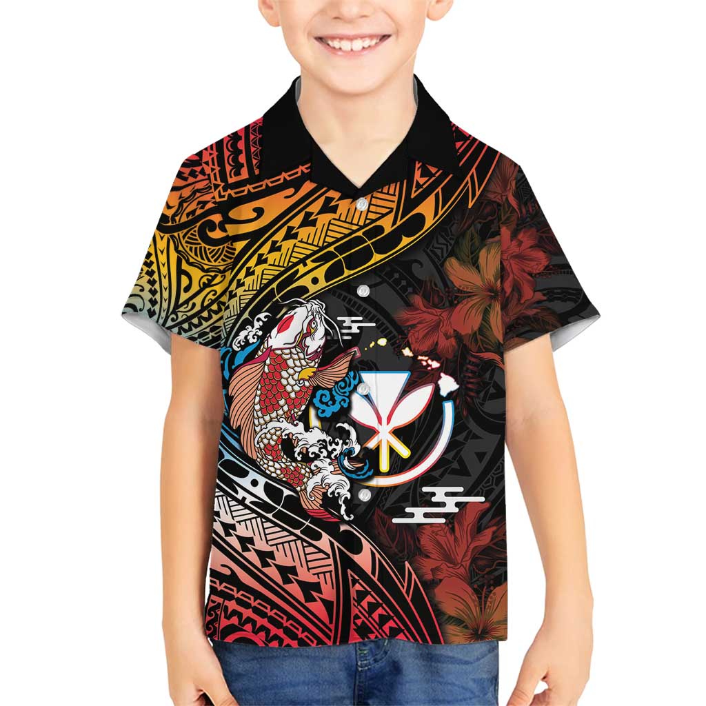 Hawaii And Japan Family Matching Puletasi and Hawaiian Shirt Koi Fish With Kanaka Maoli LT05 Son's Shirt Black - Polynesian Pride