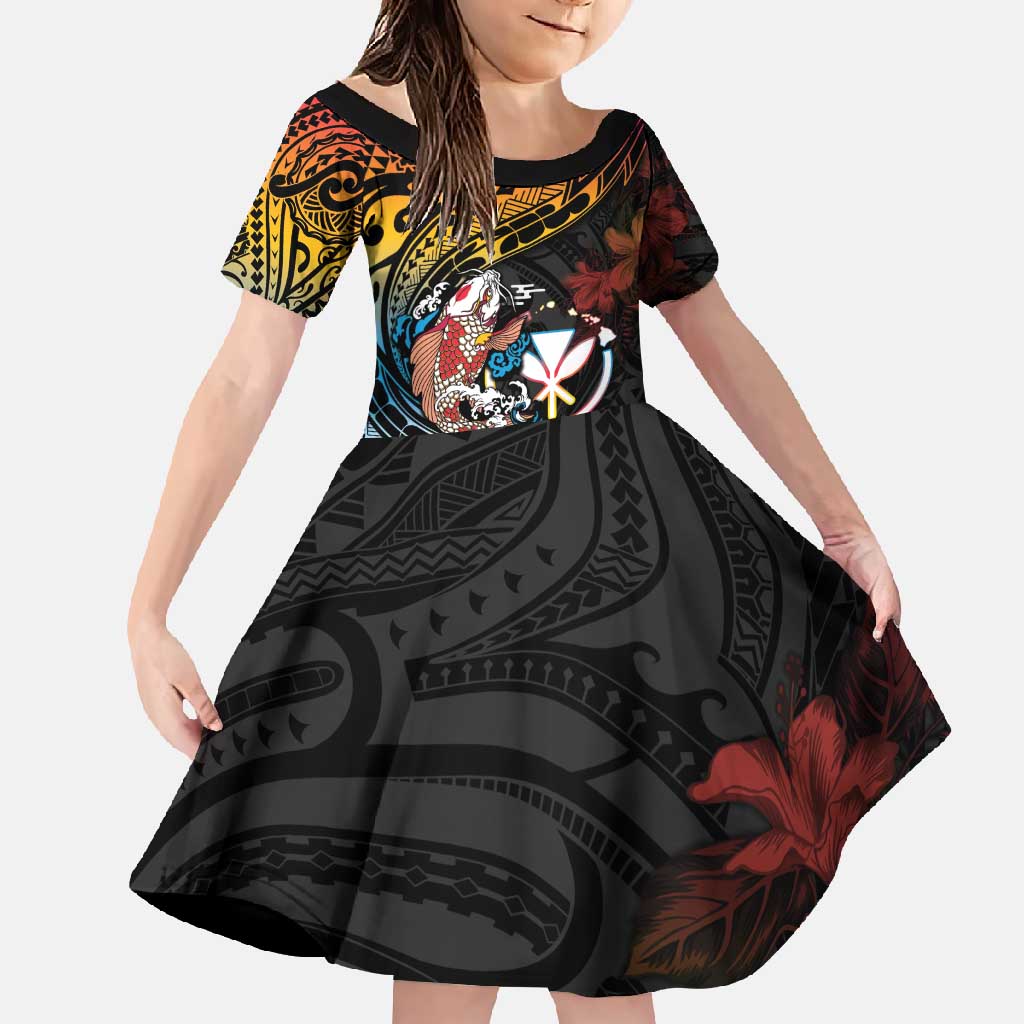 Hawaii And Japan Family Matching Short Sleeve Bodycon Dress and Hawaiian Shirt Koi Fish With Kanaka Maoli LT05 Daughter's Dress Black - Polynesian Pride