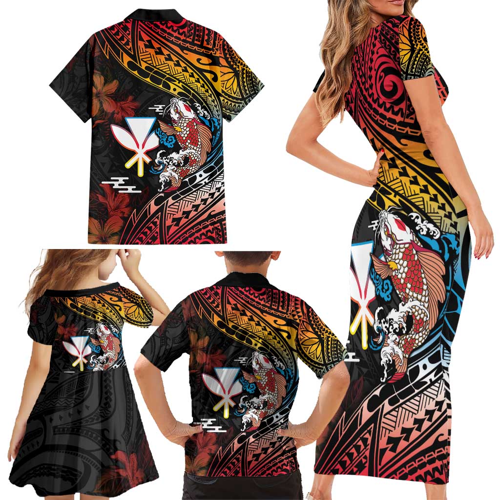 Hawaii And Japan Family Matching Short Sleeve Bodycon Dress and Hawaiian Shirt Koi Fish With Kanaka Maoli LT05 - Polynesian Pride