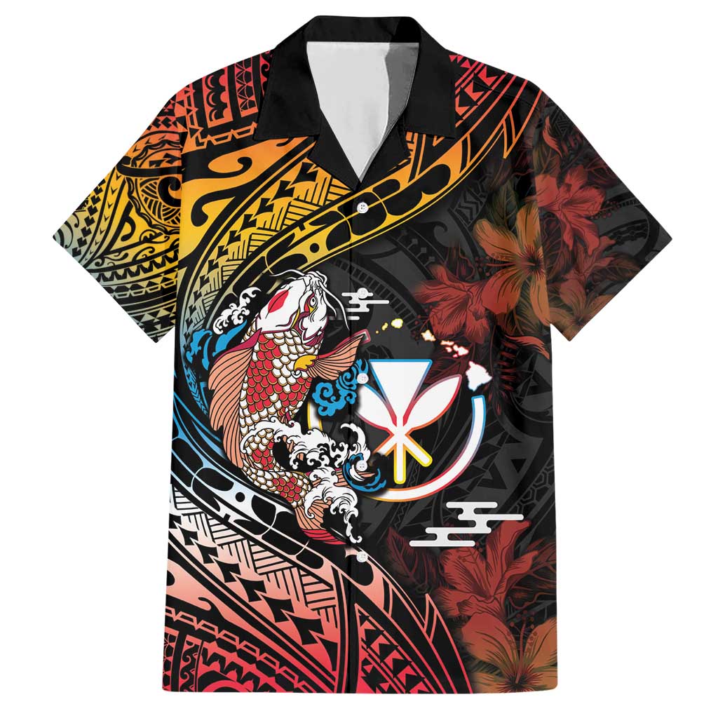 Hawaii And Japan Family Matching Short Sleeve Bodycon Dress and Hawaiian Shirt Koi Fish With Kanaka Maoli LT05 Dad's Shirt - Short Sleeve Black - Polynesian Pride