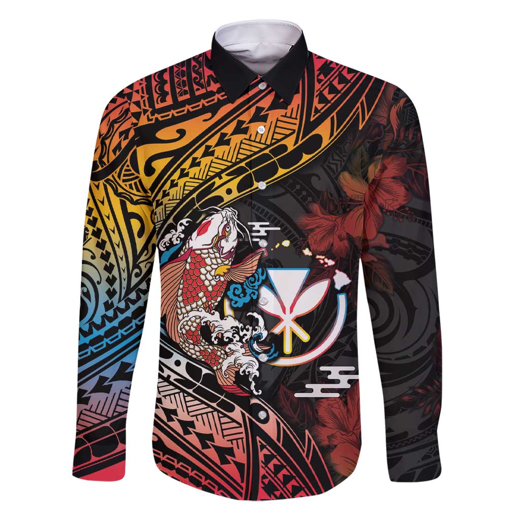 Hawaii And Japan Family Matching Short Sleeve Bodycon Dress and Hawaiian Shirt Koi Fish With Kanaka Maoli LT05 Dad's Shirt - Long Sleeve Black - Polynesian Pride