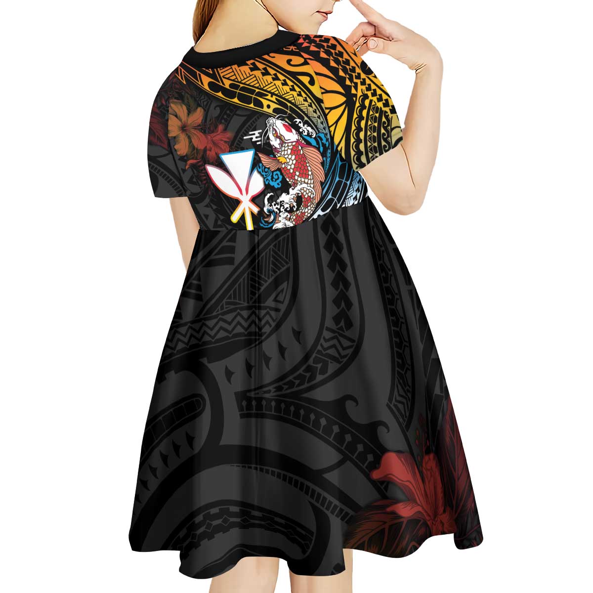 Hawaii And Japan Kid Short Sleeve Dress Koi Fish With Kanaka Maoli