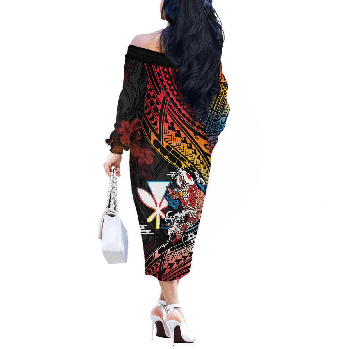 Hawaii And Japan Off The Shoulder Long Sleeve Dress Koi Fish With Kanaka Maoli LT05 - Polynesian Pride