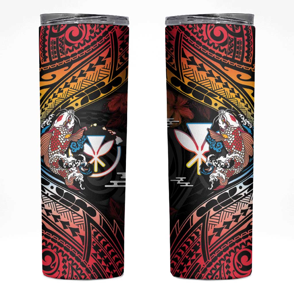 Hawaii And Japan Skinny Tumbler Koi Fish With Kanaka Maoli LT05 Black - Polynesian Pride