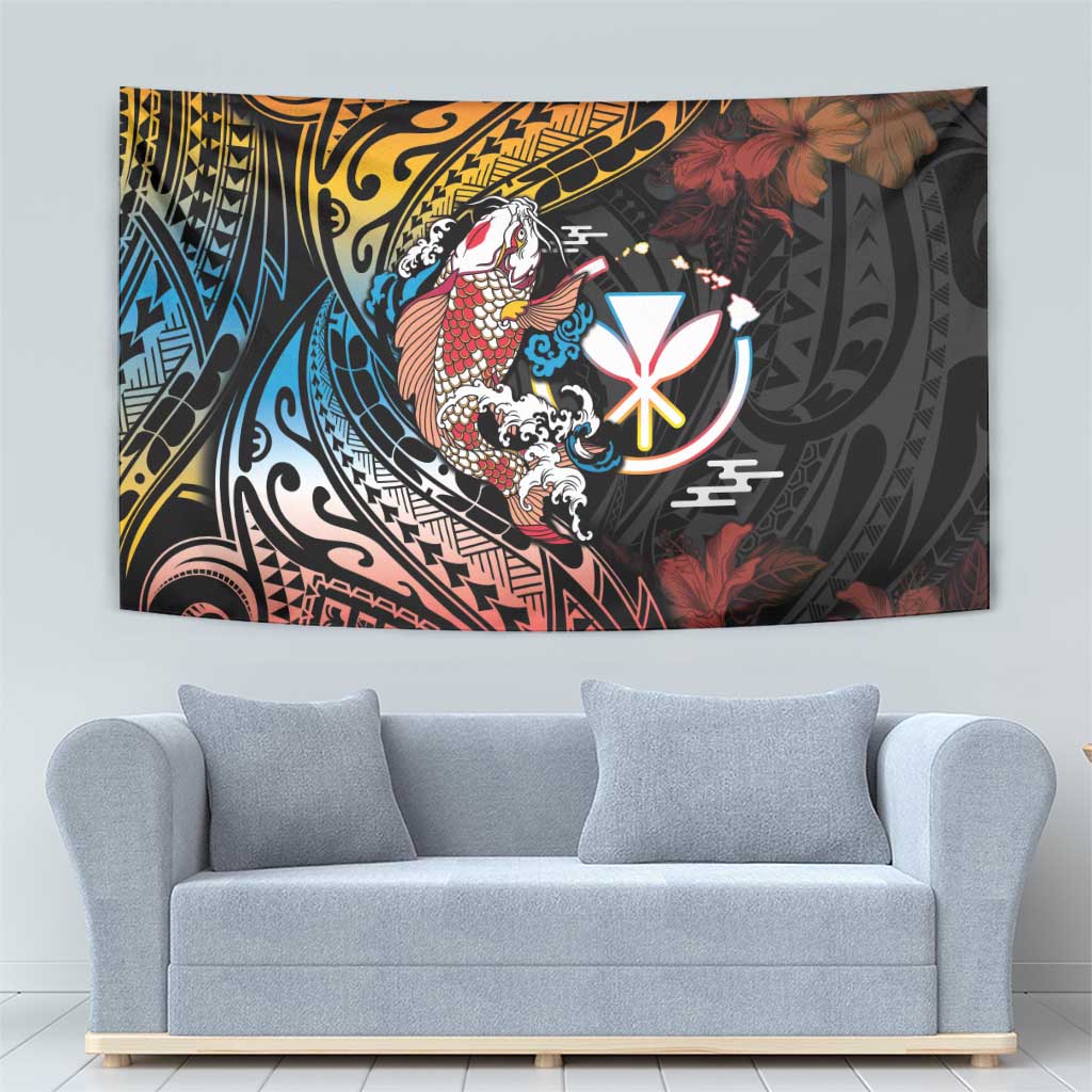 Hawaii And Japan Tapestry Koi Fish With Kanaka Maoli LT05 - Polynesian Pride