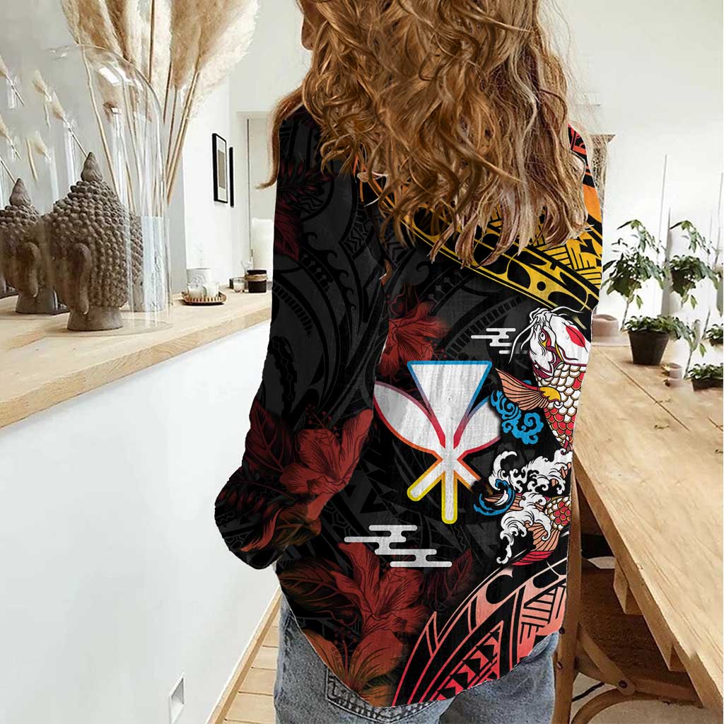 Hawaii And Japan Women Casual Shirt Koi Fish With Kanaka Maoli LT05 - Polynesian Pride