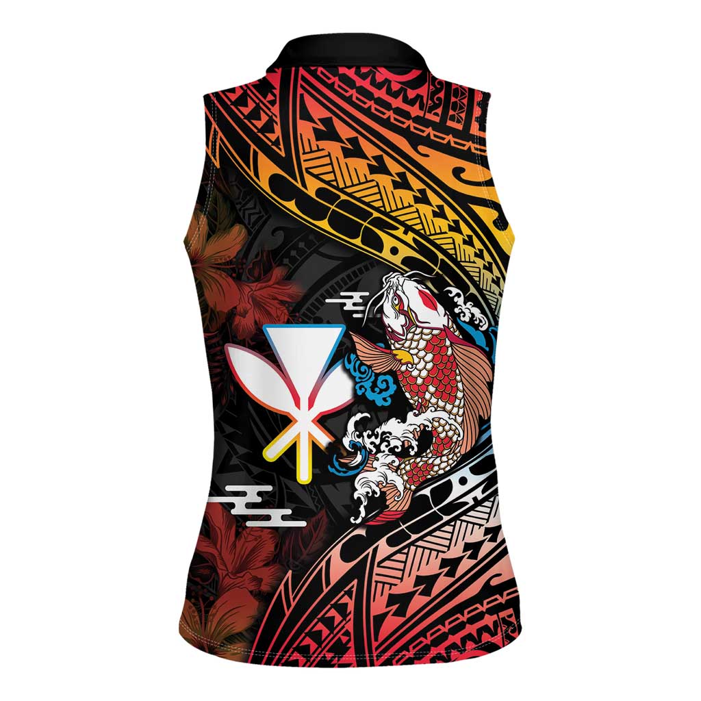 Hawaii And Japan Women Sleeveless Polo Shirt Koi Fish With Kanaka Maoli LT05 - Polynesian Pride