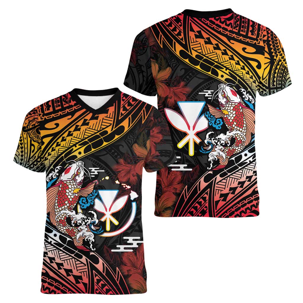 Hawaii And Japan Women V-Neck T-Shirt Koi Fish With Kanaka Maoli LT05 - Polynesian Pride