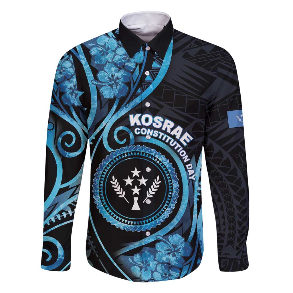 Personalised Kosrae Constitution Day Family Matching Mermaid Dress and Hawaiian Shirt Ocean Floral Pattern LT05 Dad's Shirt - Long Sleeve Black - Polynesian Pride