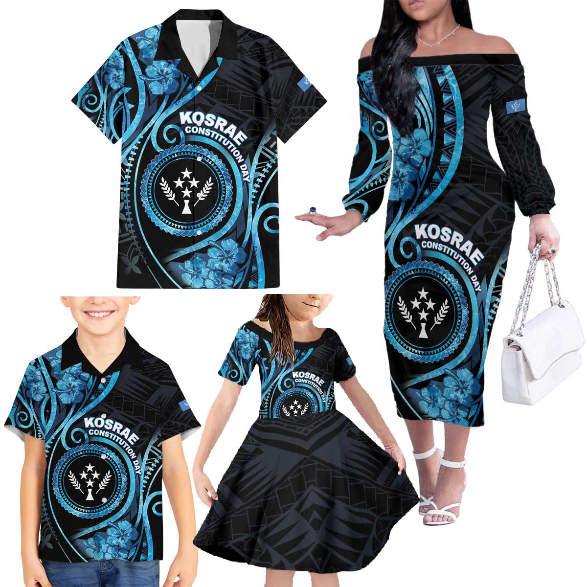 Personalised Kosrae Constitution Day Family Matching Off The Shoulder Long Sleeve Dress and Hawaiian Shirt Ocean Floral Pattern LT05 - Polynesian Pride