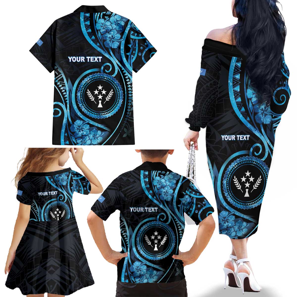 Personalised Kosrae Constitution Day Family Matching Off The Shoulder Long Sleeve Dress and Hawaiian Shirt Ocean Floral Pattern LT05 - Polynesian Pride