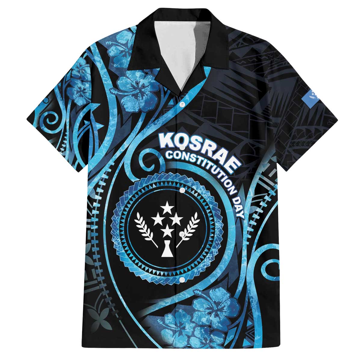 Personalised Kosrae Constitution Day Family Matching Off The Shoulder Long Sleeve Dress and Hawaiian Shirt Ocean Floral Pattern LT05 Dad's Shirt - Short Sleeve Black - Polynesian Pride