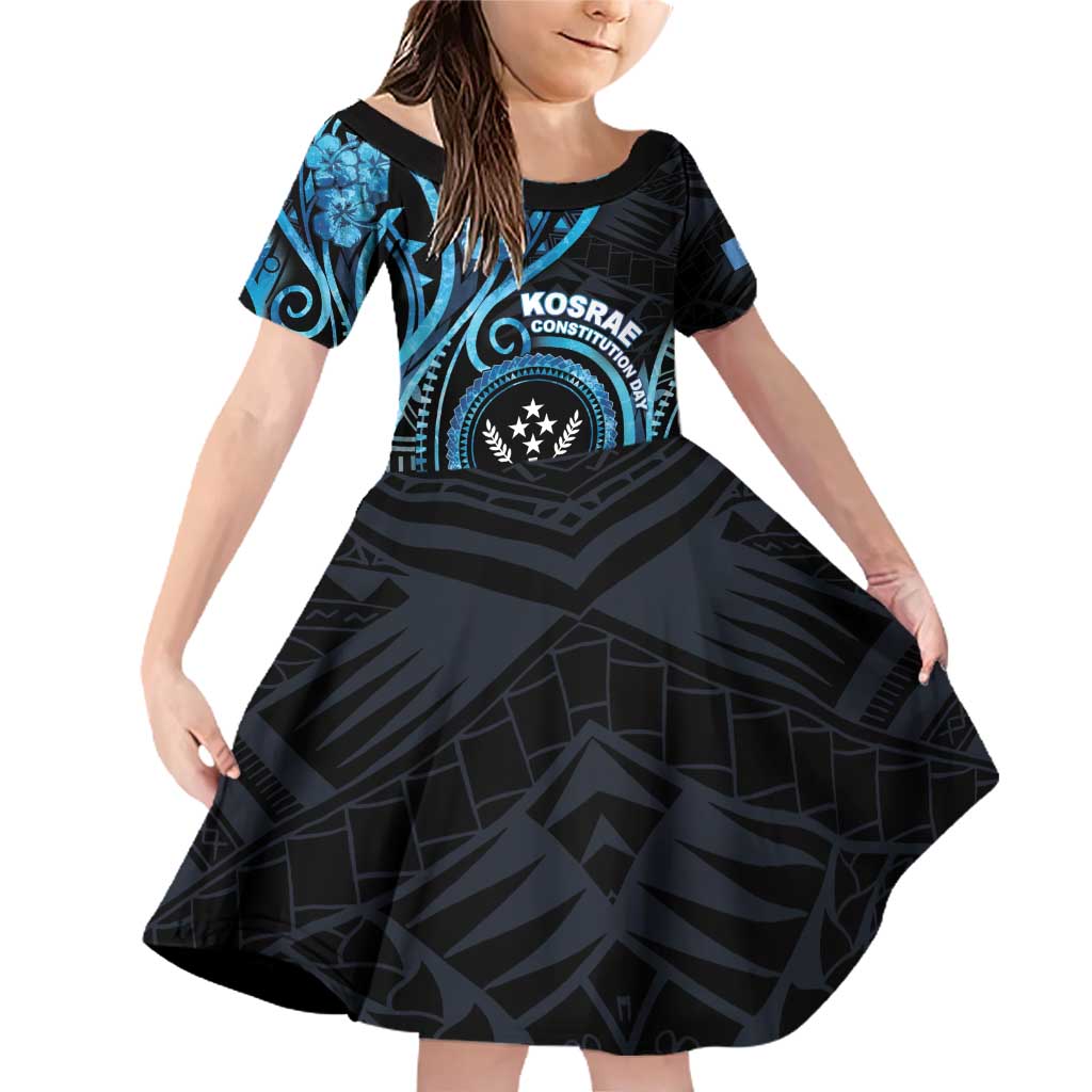 Personalised Kosrae Constitution Day Family Matching Off Shoulder Short Dress and Hawaiian Shirt Ocean Floral Pattern LT05 Daughter's Dress Black - Polynesian Pride