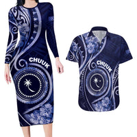 Personalised FSM Chuuk Couples Matching Long Sleeve Bodycon Dress and Hawaiian Shirt Ocean Floral Pattern LT05 Navy - Polynesian Pride