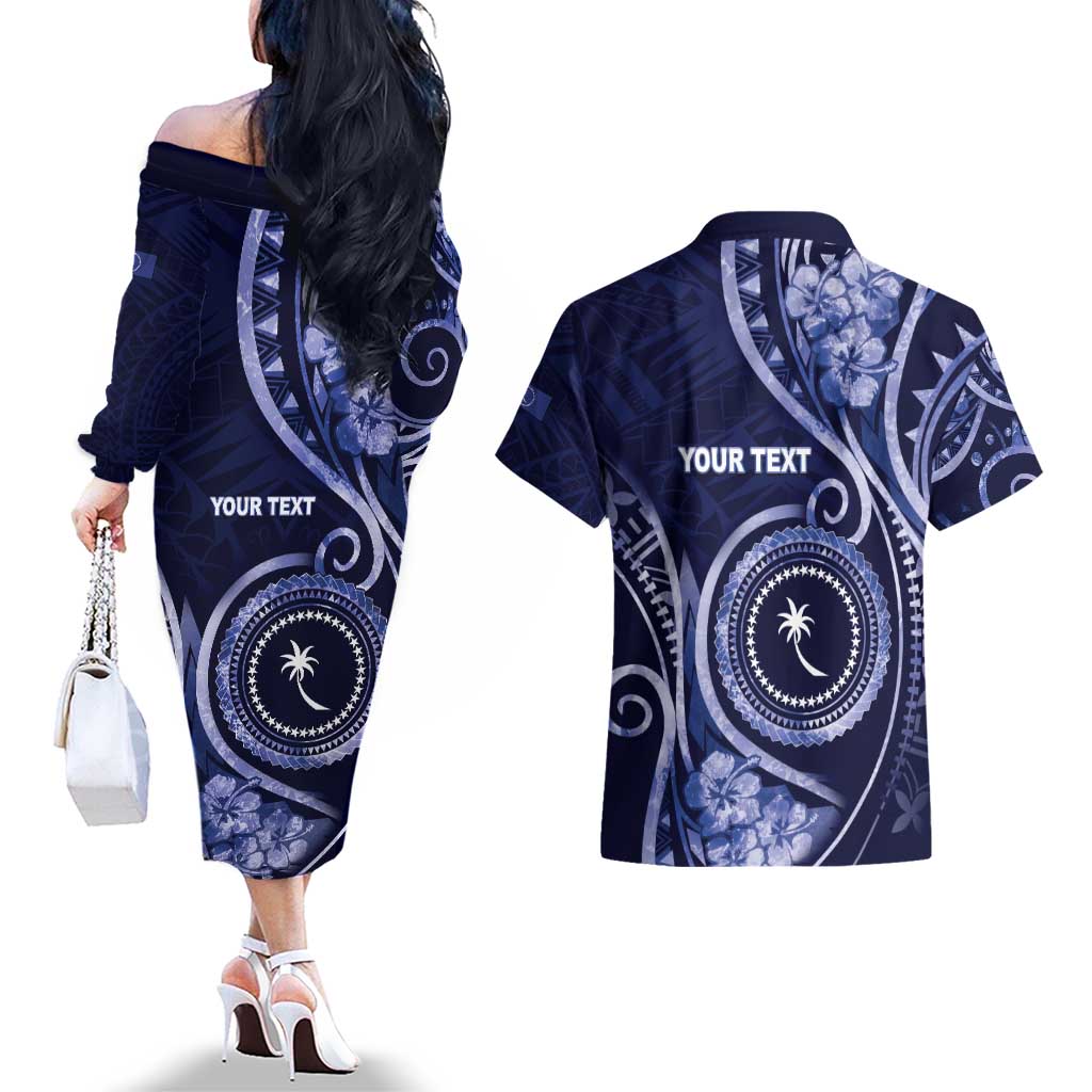 Personalised FSM Chuuk Couples Matching Off The Shoulder Long Sleeve Dress and Hawaiian Shirt Ocean Floral Pattern LT05 - Polynesian Pride