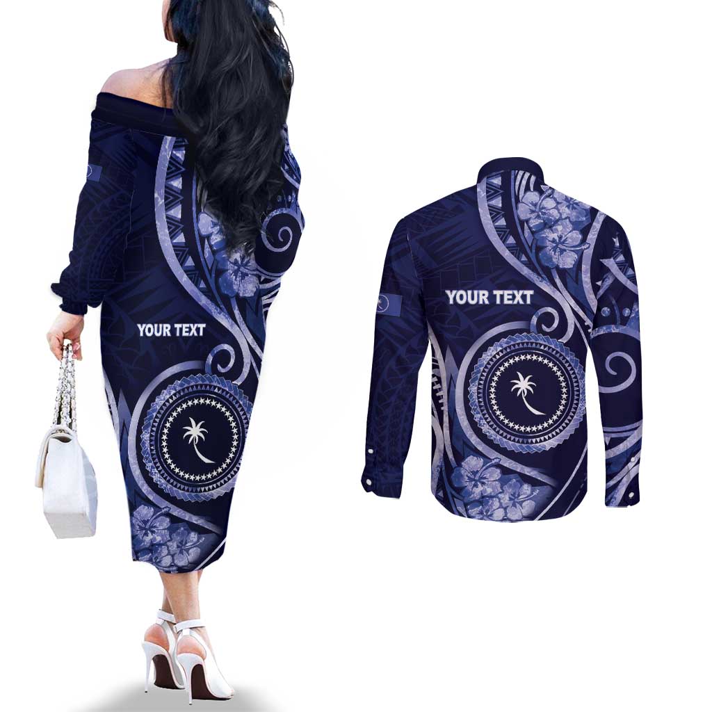 Personalised FSM Chuuk Couples Matching Off The Shoulder Long Sleeve Dress and Long Sleeve Button Shirt Ocean Floral Pattern LT05 - Polynesian Pride