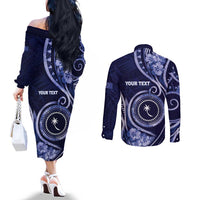 Personalised FSM Chuuk Couples Matching Off The Shoulder Long Sleeve Dress and Long Sleeve Button Shirt Ocean Floral Pattern LT05 - Polynesian Pride