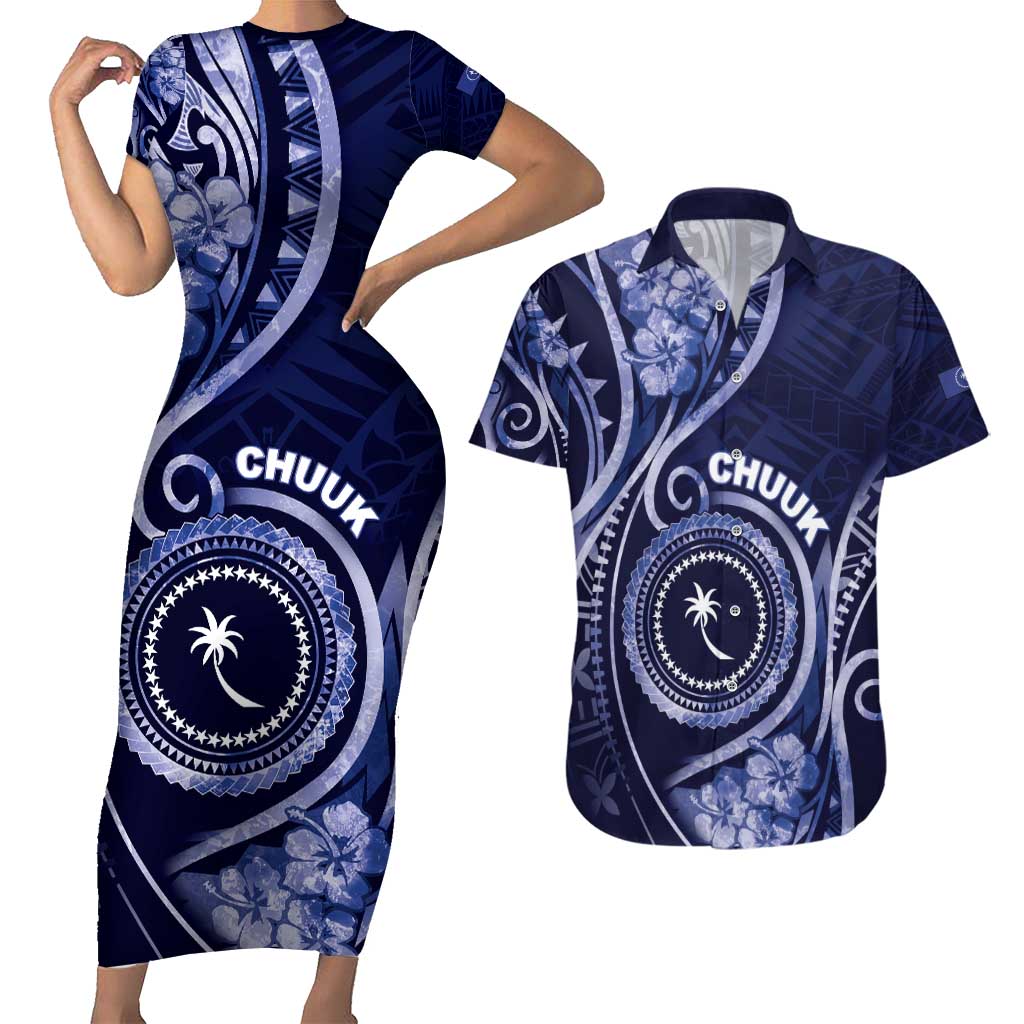 Personalised FSM Chuuk Couples Matching Short Sleeve Bodycon Dress and Hawaiian Shirt Ocean Floral Pattern LT05 Navy - Polynesian Pride