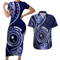 Personalised FSM Chuuk Couples Matching Short Sleeve Bodycon Dress and Hawaiian Shirt Ocean Floral Pattern LT05 Navy - Polynesian Pride