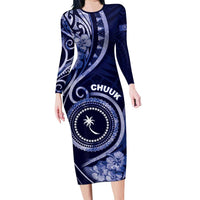 Personalised FSM Chuuk Family Matching Long Sleeve Bodycon Dress and Hawaiian Shirt Ocean Floral Pattern LT05 Mom's Dress Navy - Polynesian Pride