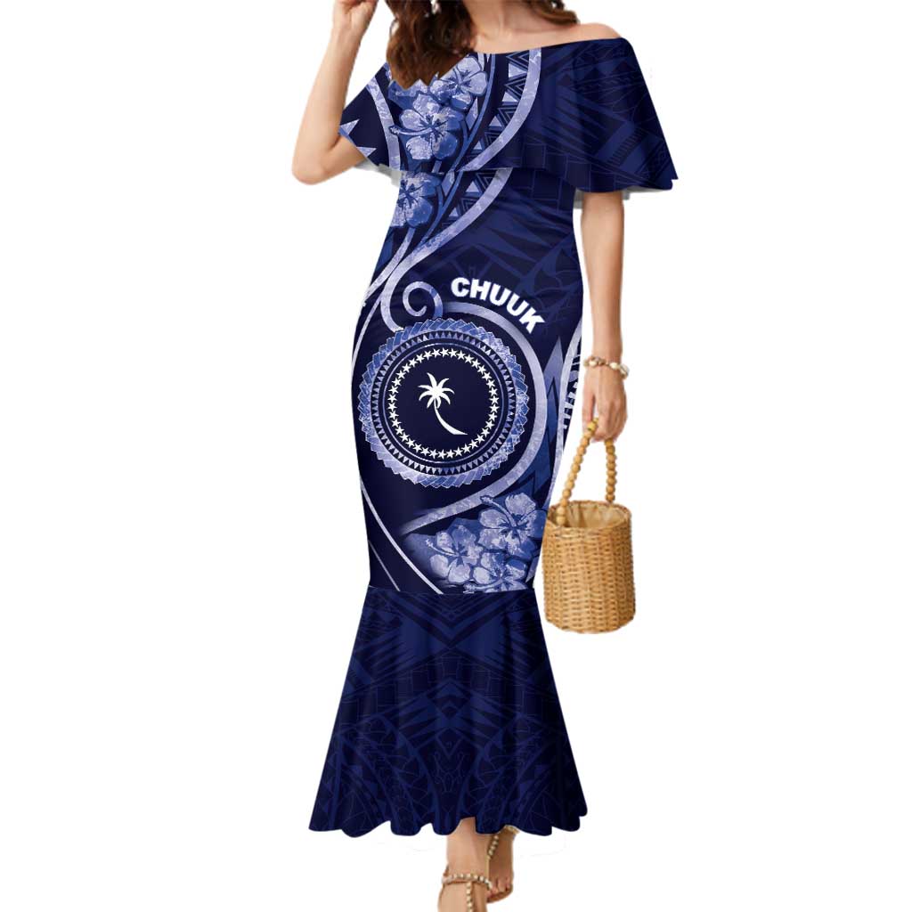 Personalised FSM Chuuk Family Matching Mermaid Dress and Hawaiian Shirt Ocean Floral Pattern LT05 Mom's Dress Navy - Polynesian Pride