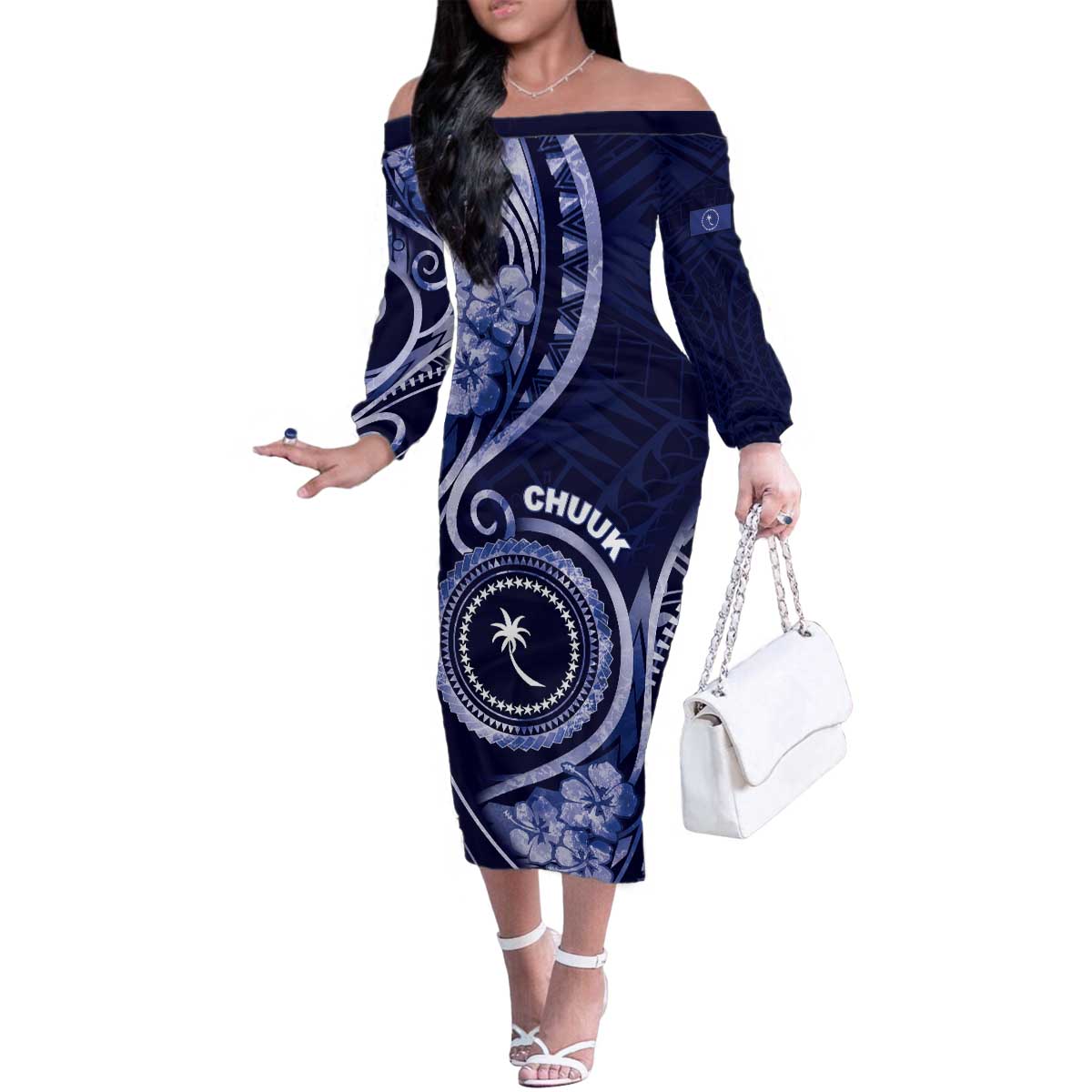Personalised FSM Chuuk Family Matching Off The Shoulder Long Sleeve Dress and Hawaiian Shirt Ocean Floral Pattern LT05 Mom's Dress Navy - Polynesian Pride