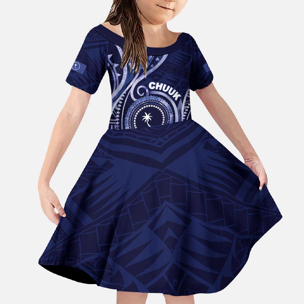 Personalised FSM Chuuk Family Matching Off Shoulder Maxi Dress and Hawaiian Shirt Ocean Floral Pattern LT05 Daughter's Dress Navy - Polynesian Pride