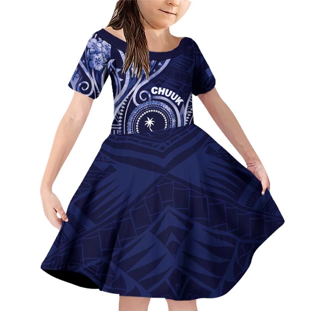 Personalised FSM Chuuk Family Matching Off Shoulder Short Dress and Hawaiian Shirt Ocean Floral Pattern LT05 Daughter's Dress Navy - Polynesian Pride
