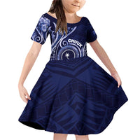 Personalised FSM Chuuk Family Matching Off Shoulder Short Dress and Hawaiian Shirt Ocean Floral Pattern LT05 Daughter's Dress Navy - Polynesian Pride