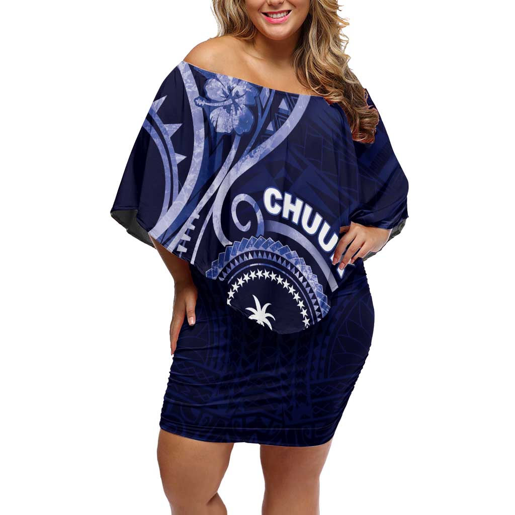 Personalised FSM Chuuk Family Matching Off Shoulder Short Dress and Hawaiian Shirt Ocean Floral Pattern LT05 Mom's Dress Navy - Polynesian Pride