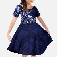 Personalised FSM Chuuk Family Matching Puletasi and Hawaiian Shirt Ocean Floral Pattern LT05 Daughter's Dress Navy - Polynesian Pride