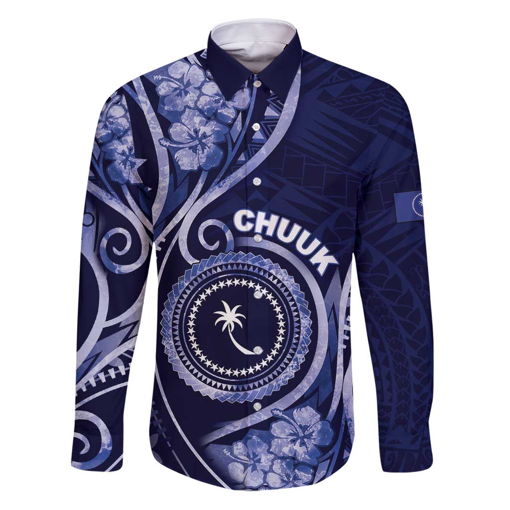 Personalised FSM Chuuk Family Matching Puletasi and Hawaiian Shirt Ocean Floral Pattern LT05 Dad's Shirt - Long Sleeve Navy - Polynesian Pride