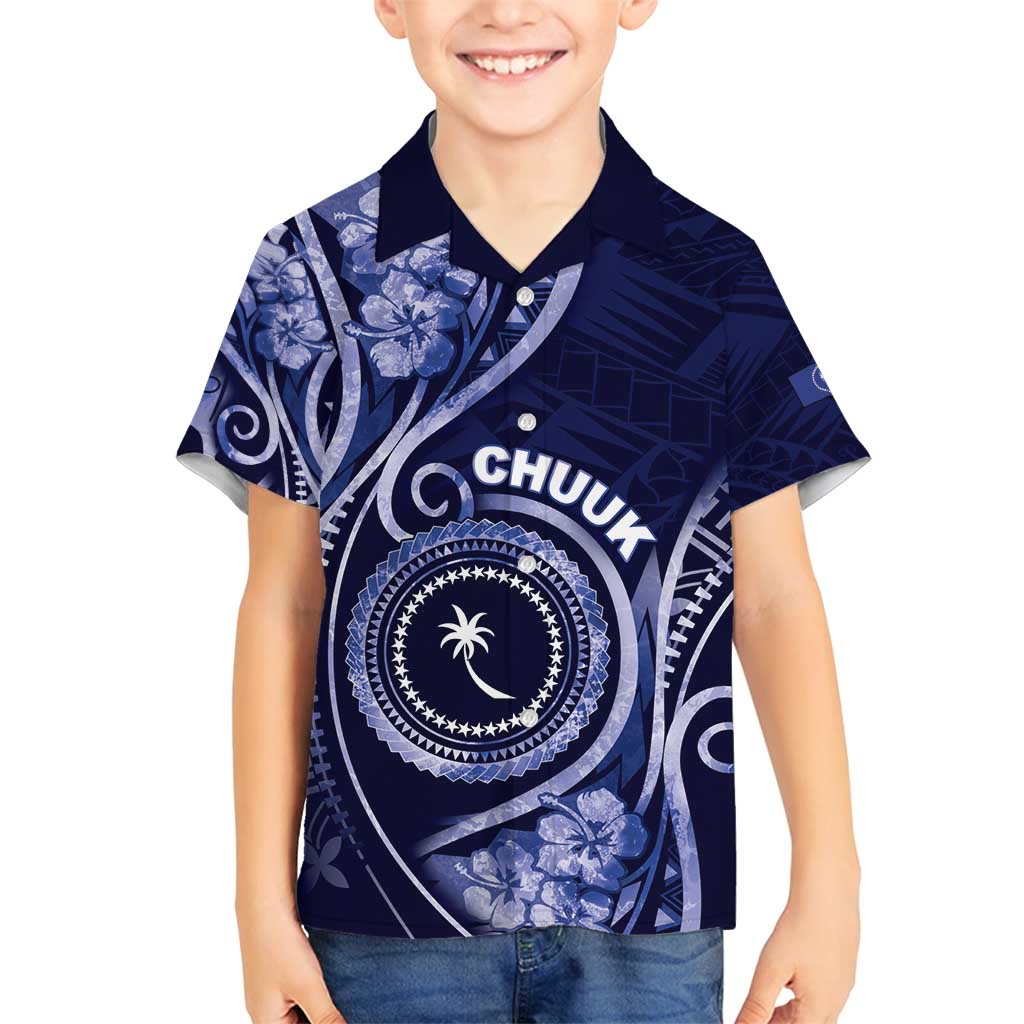 Personalised FSM Chuuk Family Matching Puletasi and Hawaiian Shirt Ocean Floral Pattern LT05 Son's Shirt Navy - Polynesian Pride