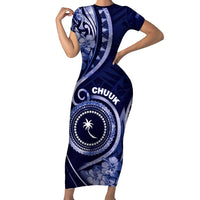 Personalised FSM Chuuk Family Matching Short Sleeve Bodycon Dress and Hawaiian Shirt Ocean Floral Pattern LT05 Mom's Dress Navy - Polynesian Pride