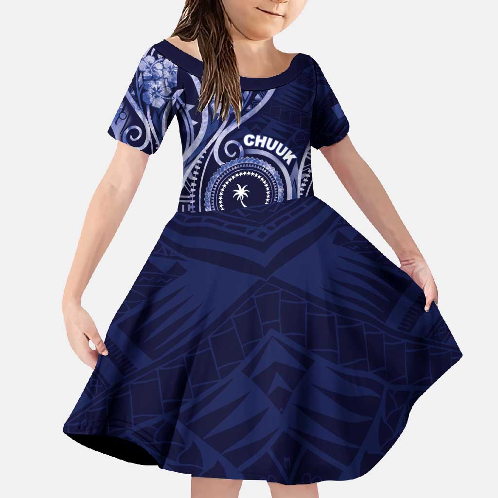 Personalised FSM Chuuk Family Matching Tank Maxi Dress and Hawaiian Shirt Ocean Floral Pattern LT05 Daughter's Dress Navy - Polynesian Pride