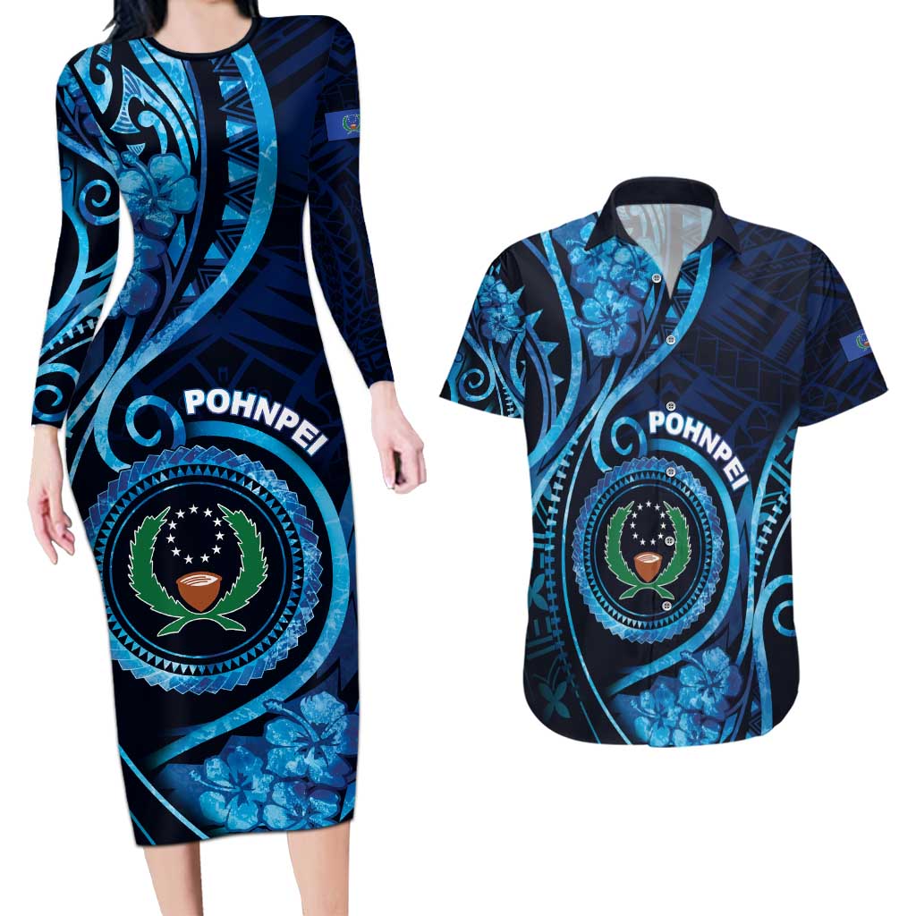Personalised FSM Pohnpei Couples Matching Long Sleeve Bodycon Dress and Hawaiian Shirt Ocean Floral Pattern LT05 Blue - Polynesian Pride