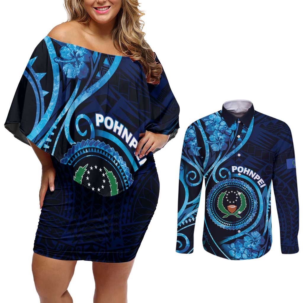 Personalised FSM Pohnpei Couples Matching Off Shoulder Short Dress and Long Sleeve Button Shirt Ocean Floral Pattern LT05 Blue - Polynesian Pride