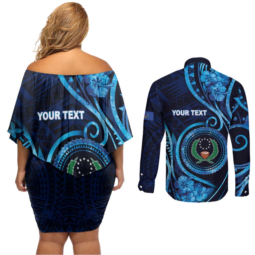 Personalised FSM Pohnpei Couples Matching Off Shoulder Short Dress and Long Sleeve Button Shirt Ocean Floral Pattern LT05 - Polynesian Pride