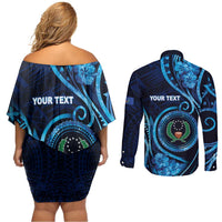 Personalised FSM Pohnpei Couples Matching Off Shoulder Short Dress and Long Sleeve Button Shirt Ocean Floral Pattern LT05 - Polynesian Pride